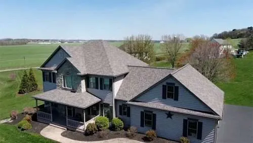 Completed Roof Installation In Manheim. Aerial drone shot of completed roof.