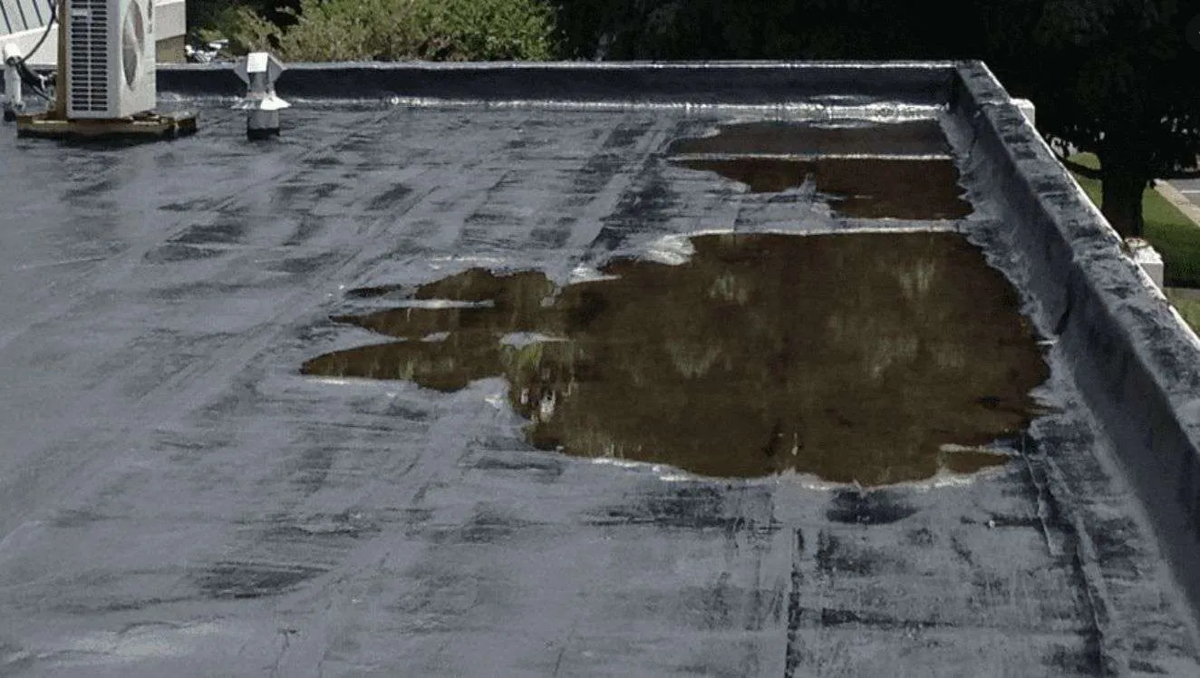 Flat roof flooding with rainwater